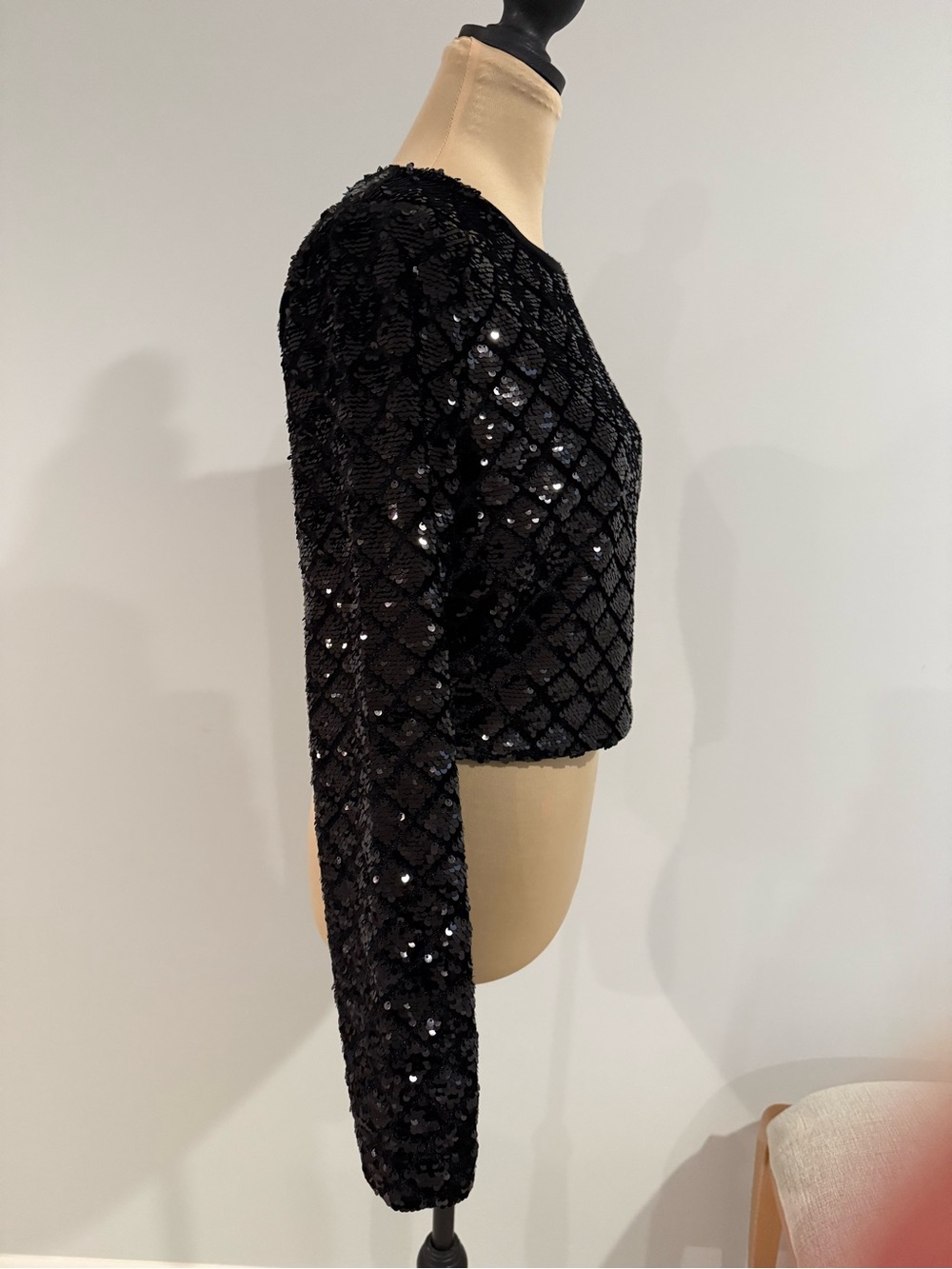 Express Black Sequin Cropped Long-Sleeve Top
